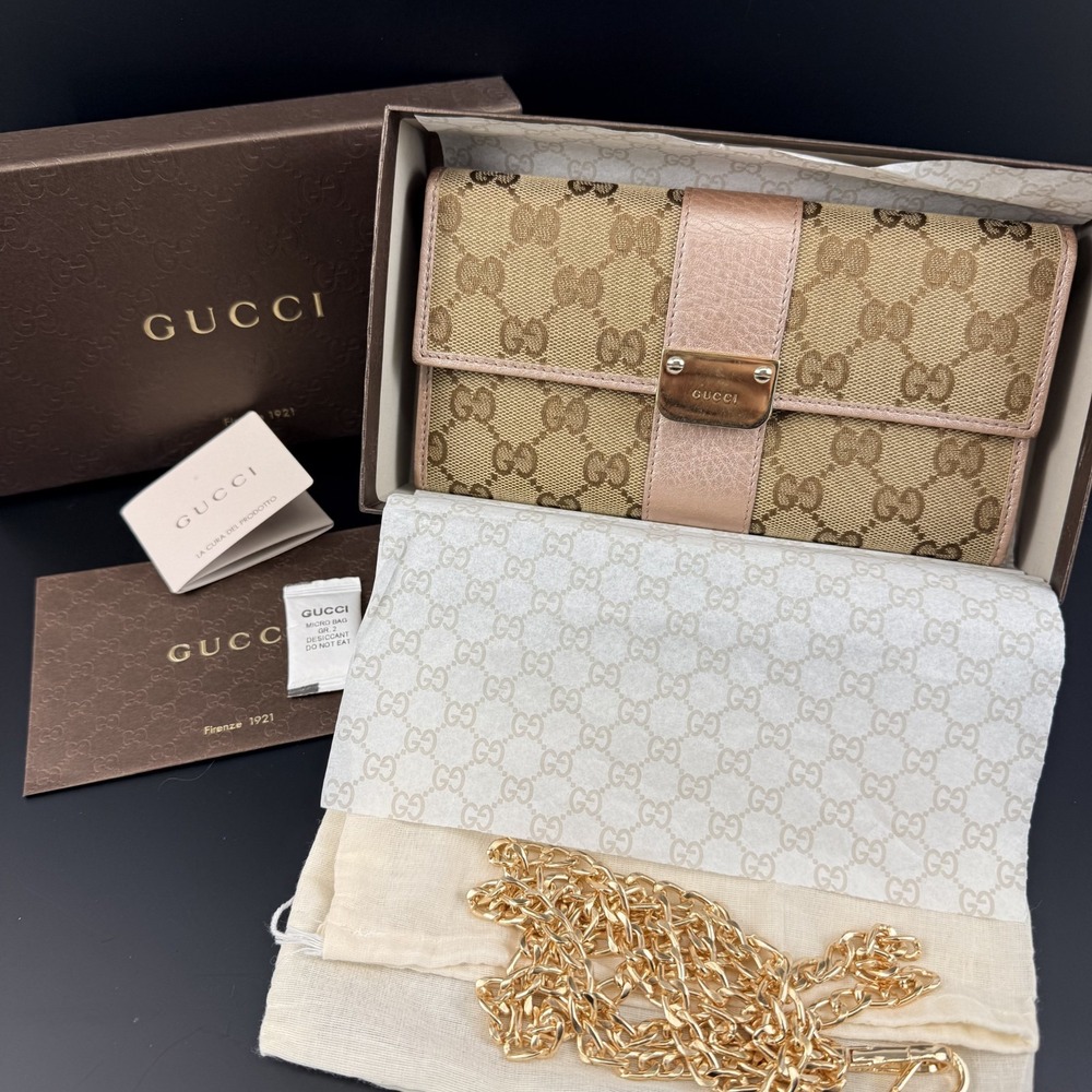 Gucci Ladies Bar Continental Wallet GG Supreme Rose Gold Leather WOC Chain Box